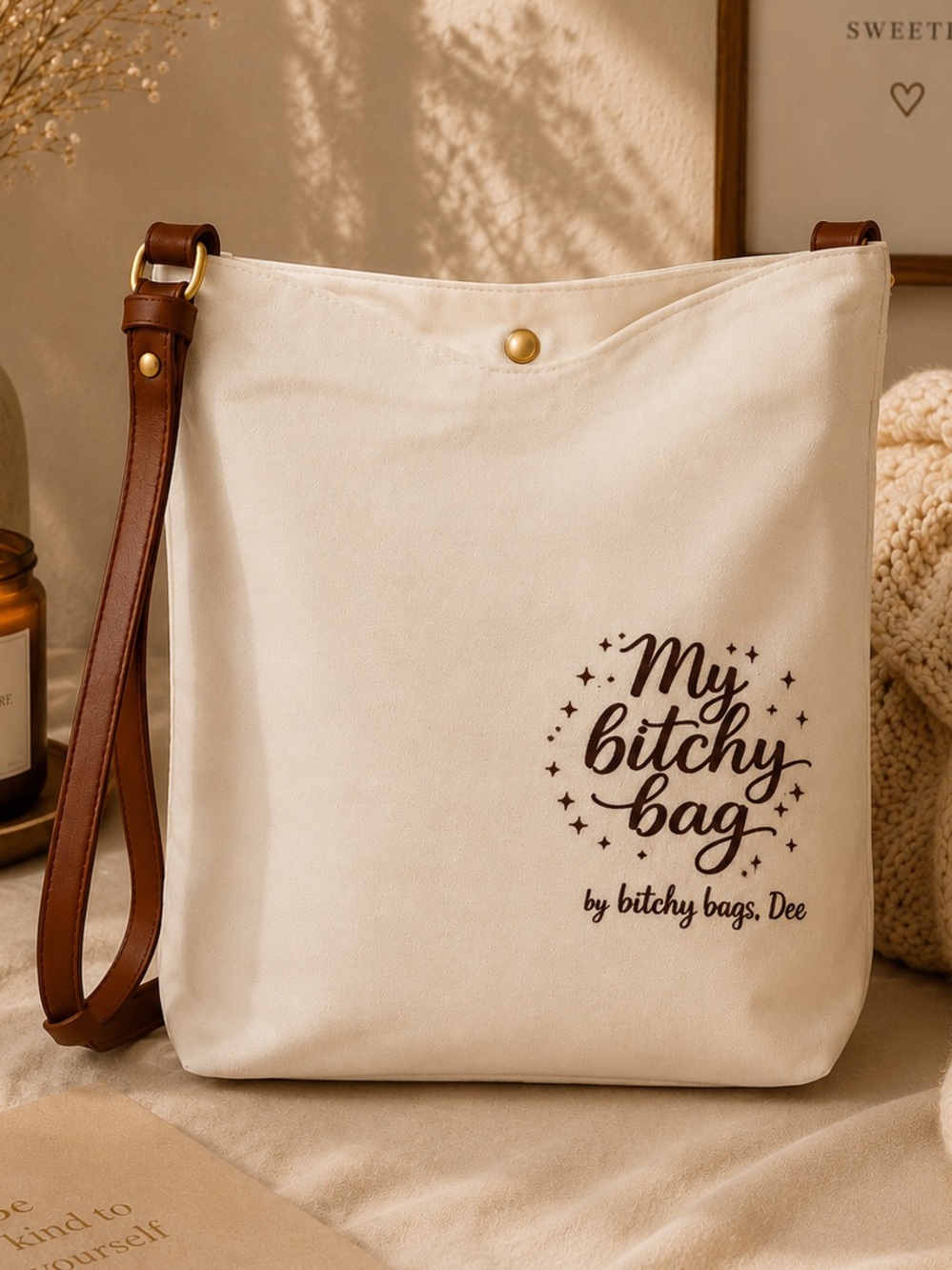 My Bitchy Bag Canvas Crossbody Bag in Cream with Brown Strap